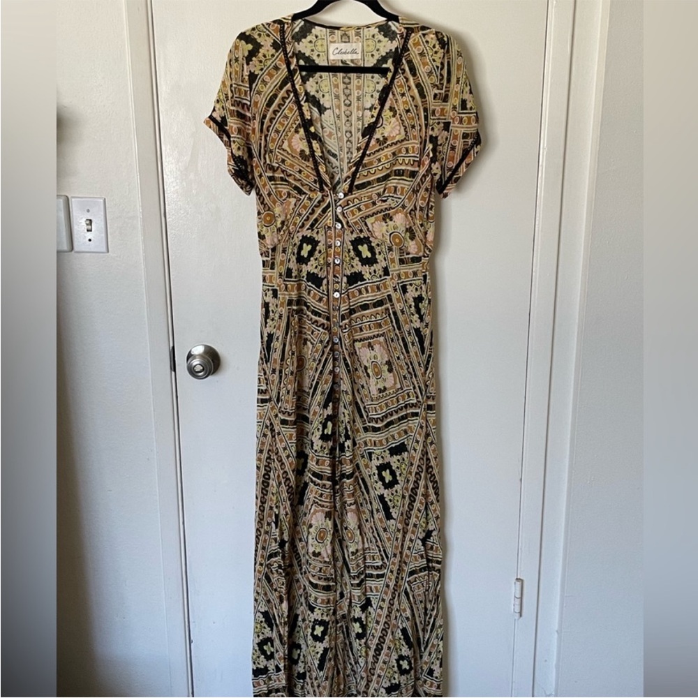 Cleobella Maxi Button-Up Dress with Yellow & Brown Vintage Print
